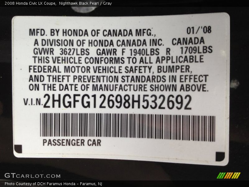 Nighthawk Black Pearl / Gray 2008 Honda Civic LX Coupe