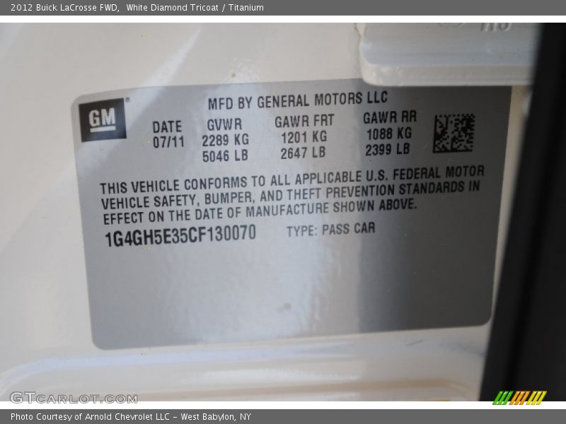 White Diamond Tricoat / Titanium 2012 Buick LaCrosse FWD