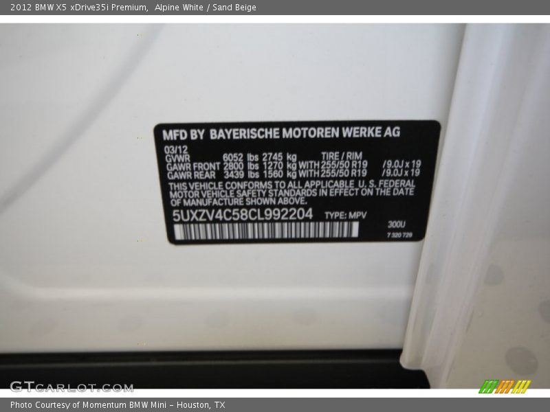 Alpine White / Sand Beige 2012 BMW X5 xDrive35i Premium