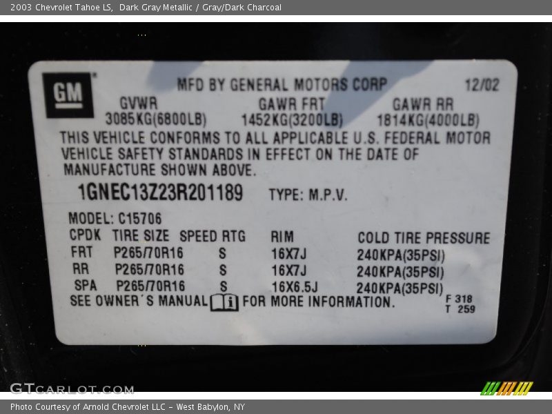 Dark Gray Metallic / Gray/Dark Charcoal 2003 Chevrolet Tahoe LS