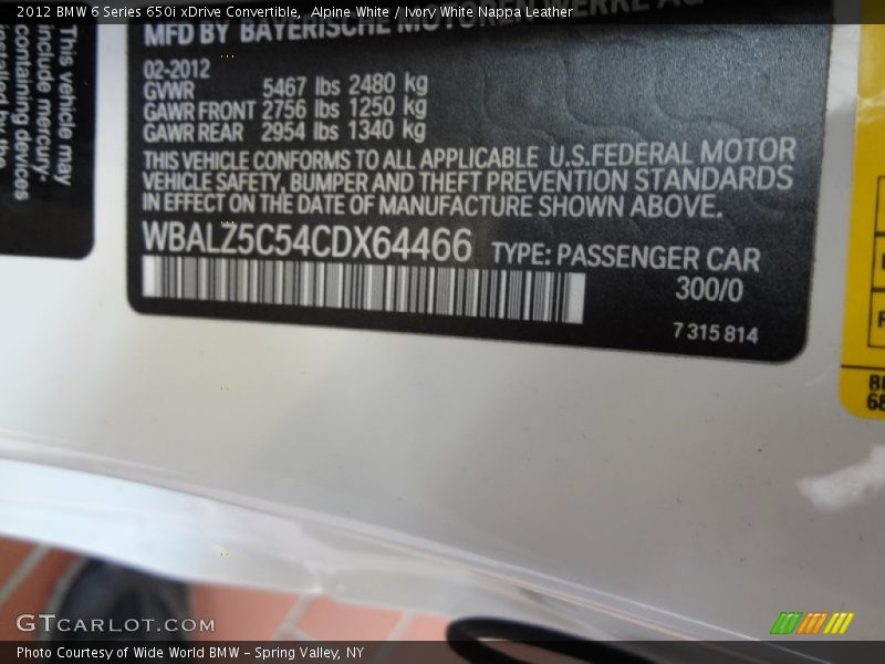 Alpine White / Ivory White Nappa Leather 2012 BMW 6 Series 650i xDrive Convertible