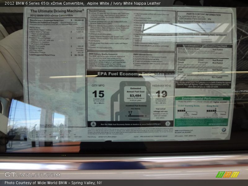  2012 6 Series 650i xDrive Convertible Window Sticker