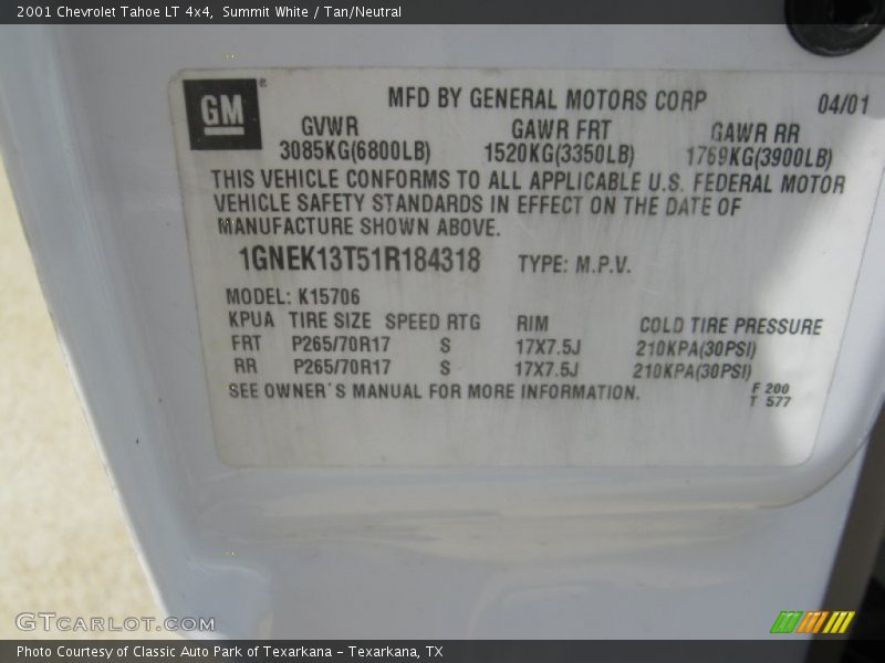 Summit White / Tan/Neutral 2001 Chevrolet Tahoe LT 4x4