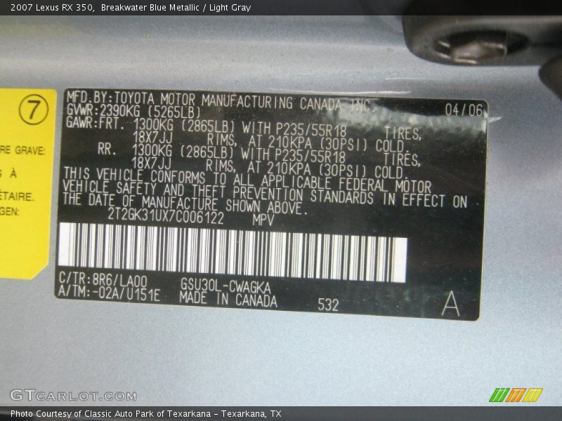 Breakwater Blue Metallic / Light Gray 2007 Lexus RX 350