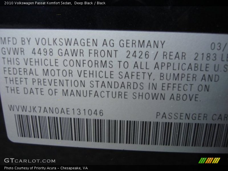 Deep Black / Black 2010 Volkswagen Passat Komfort Sedan