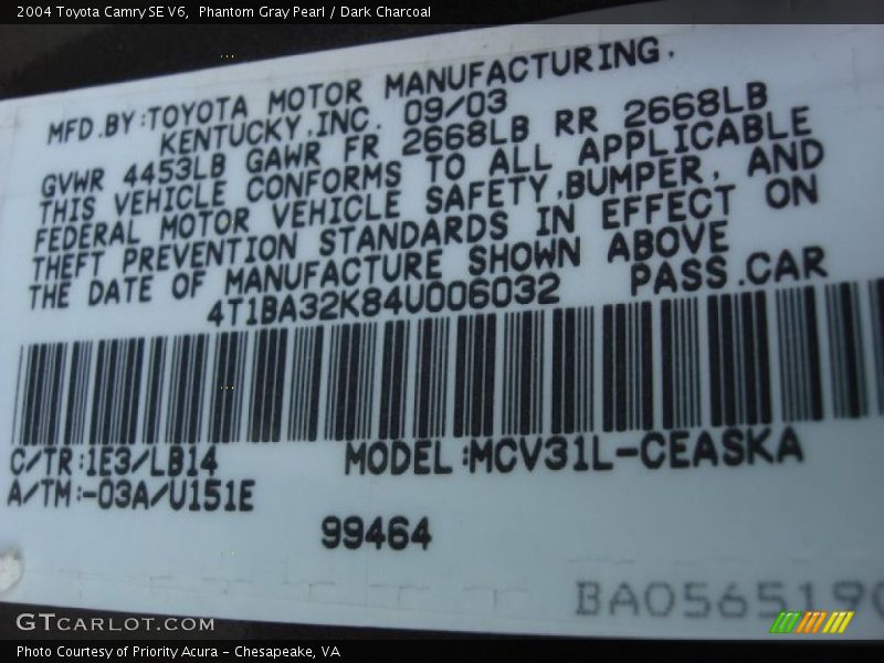 Phantom Gray Pearl / Dark Charcoal 2004 Toyota Camry SE V6