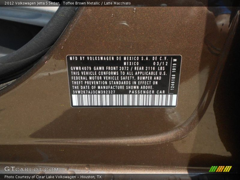 Toffee Brown Metallic / Latte Macchiato 2012 Volkswagen Jetta S Sedan
