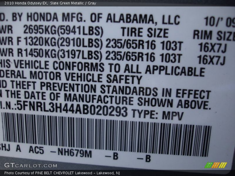 Slate Green Metallic / Gray 2010 Honda Odyssey EX