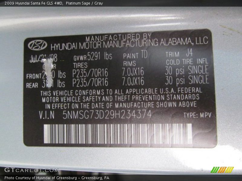 Platinum Sage / Gray 2009 Hyundai Santa Fe GLS 4WD