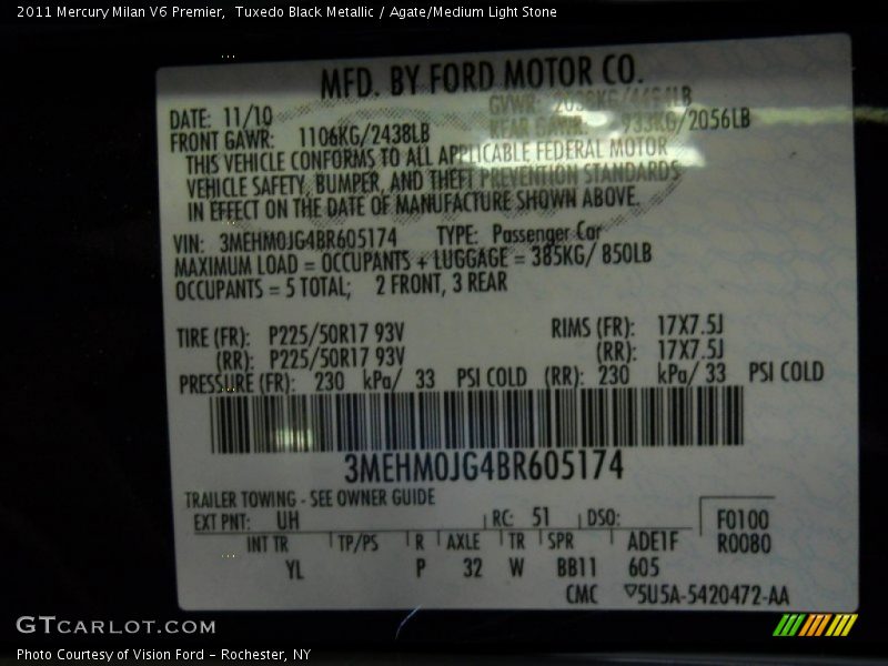 Tuxedo Black Metallic / Agate/Medium Light Stone 2011 Mercury Milan V6 Premier