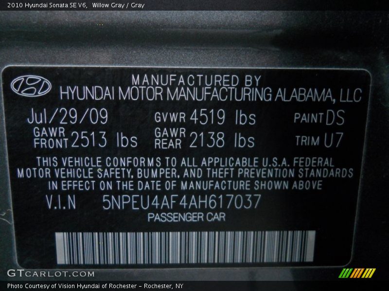 2010 Sonata SE V6 Willow Gray Color Code DS