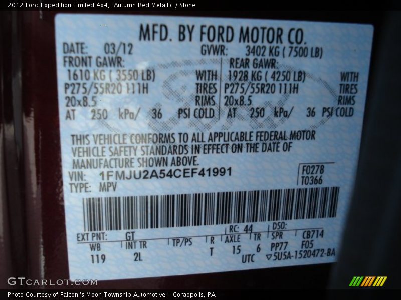 2012 Expedition Limited 4x4 Autumn Red Metallic Color Code GT