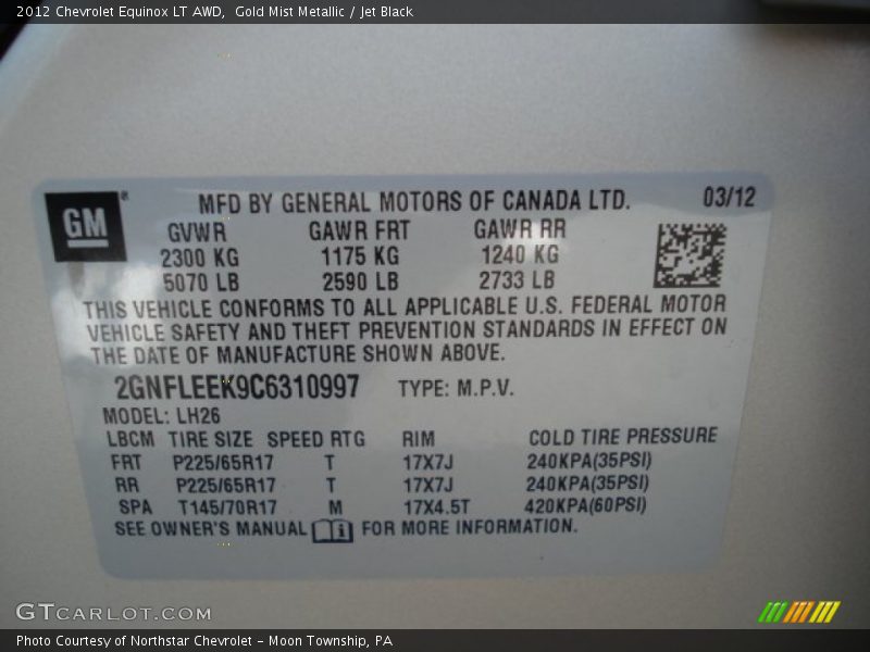 Gold Mist Metallic / Jet Black 2012 Chevrolet Equinox LT AWD