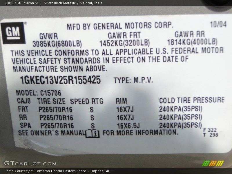 Silver Birch Metallic / Neutral/Shale 2005 GMC Yukon SLE