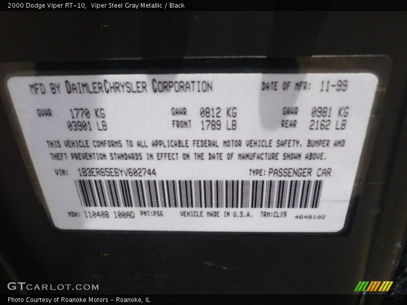 2000 Viper RT-10 Viper Steel Gray Metallic Color Code PS6