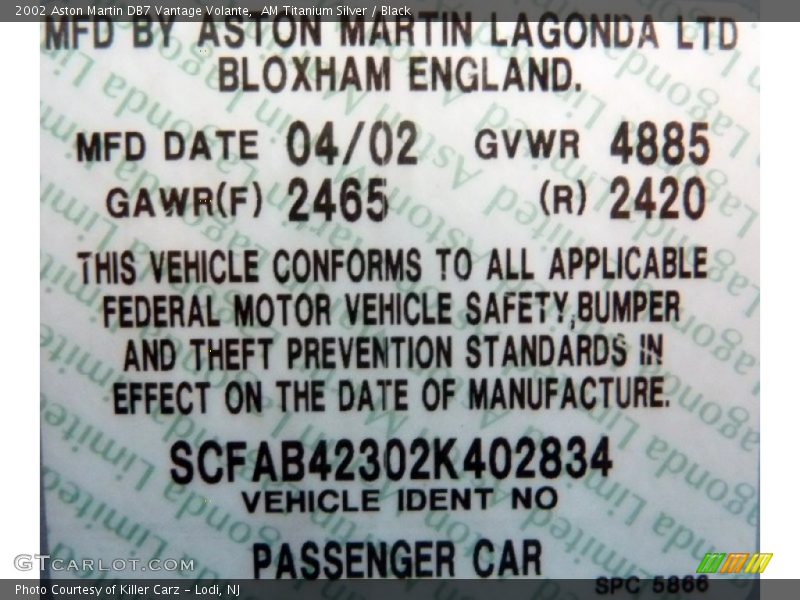 Info Tag of 2002 DB7 Vantage Volante