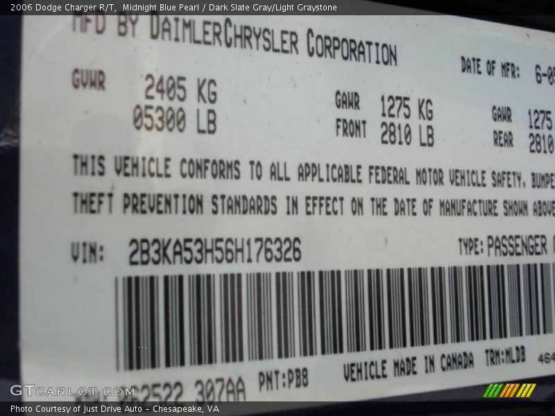 Midnight Blue Pearl / Dark Slate Gray/Light Graystone 2006 Dodge Charger R/T