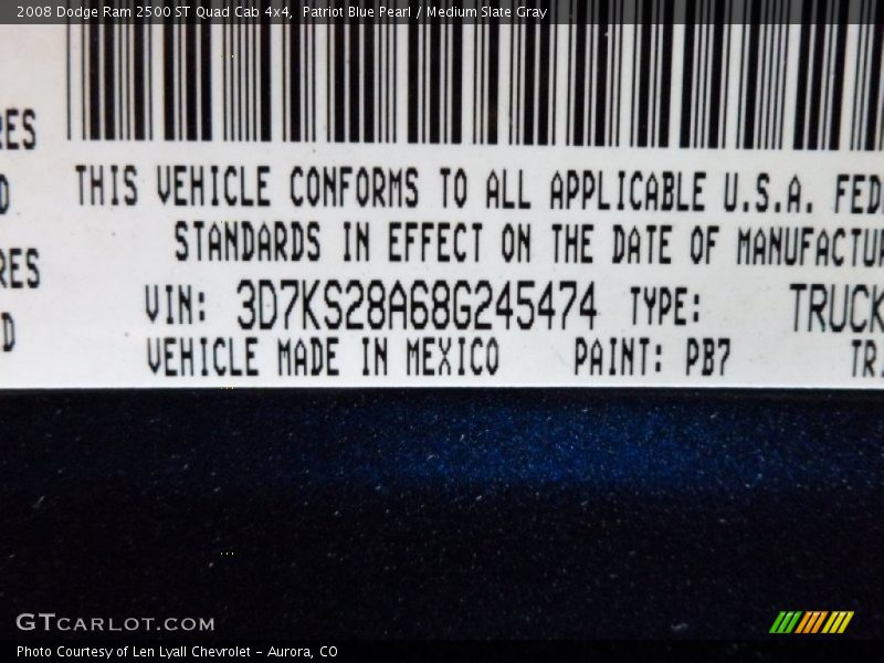 2008 Ram 2500 ST Quad Cab 4x4 Patriot Blue Pearl Color Code PB7