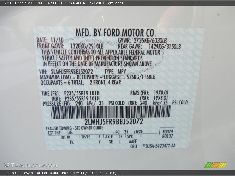 2011 MKT FWD White Platinum Metallic Tri-Coat Color Code UG