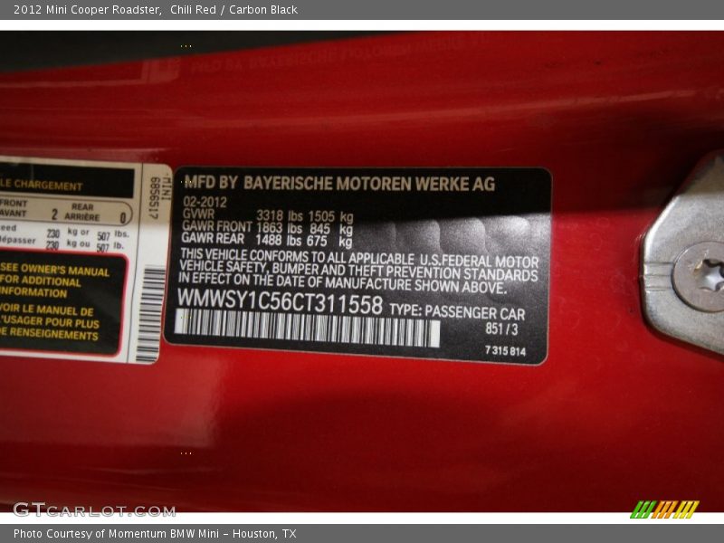 2012 Cooper Roadster Chili Red Color Code 851