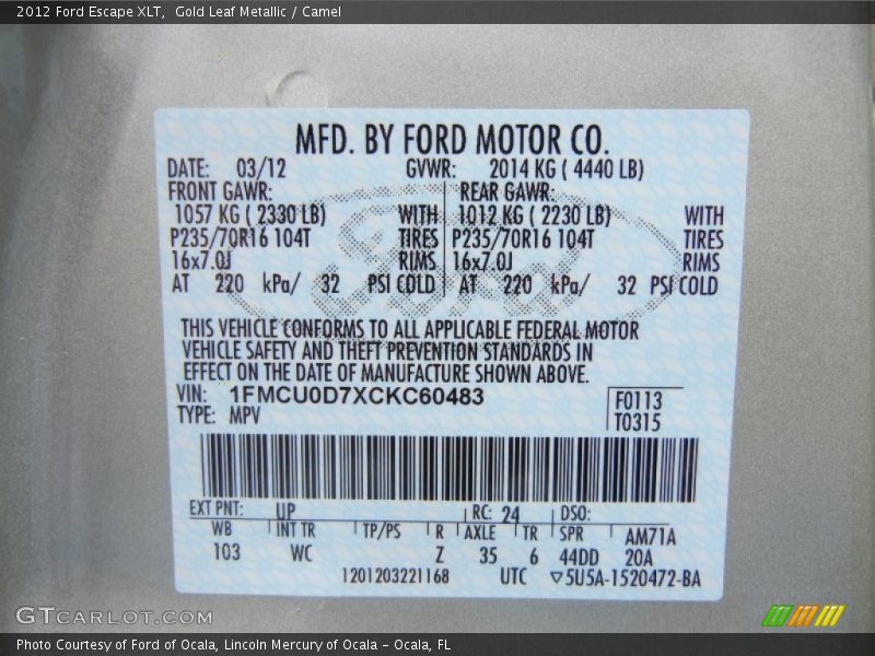 Gold Leaf Metallic / Camel 2012 Ford Escape XLT