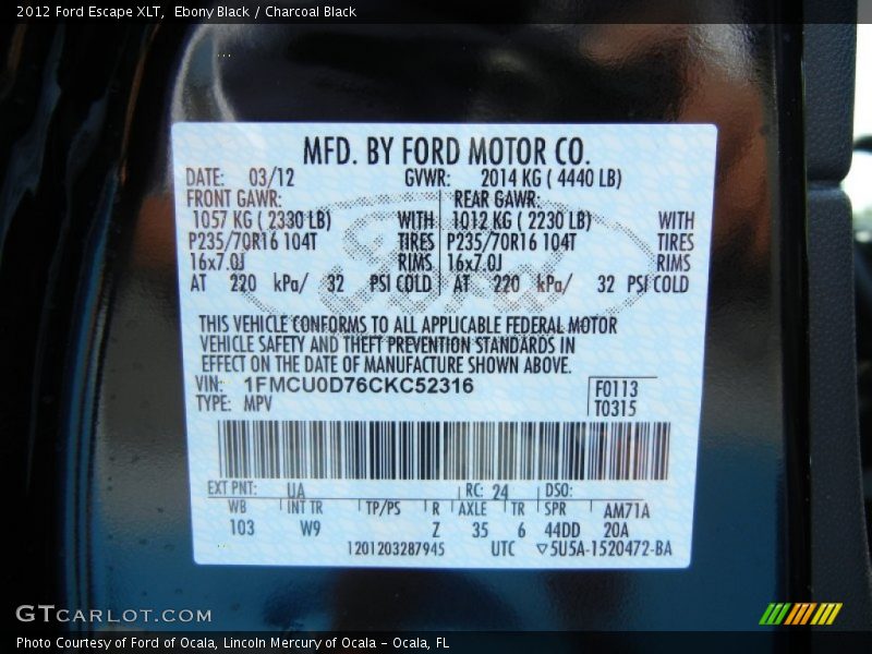 Ebony Black / Charcoal Black 2012 Ford Escape XLT