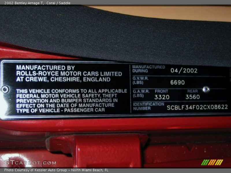 Info Tag of 2002 Arnage T