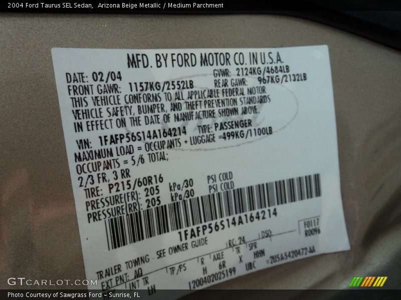 2004 Taurus SEL Sedan Arizona Beige Metallic Color Code AQ