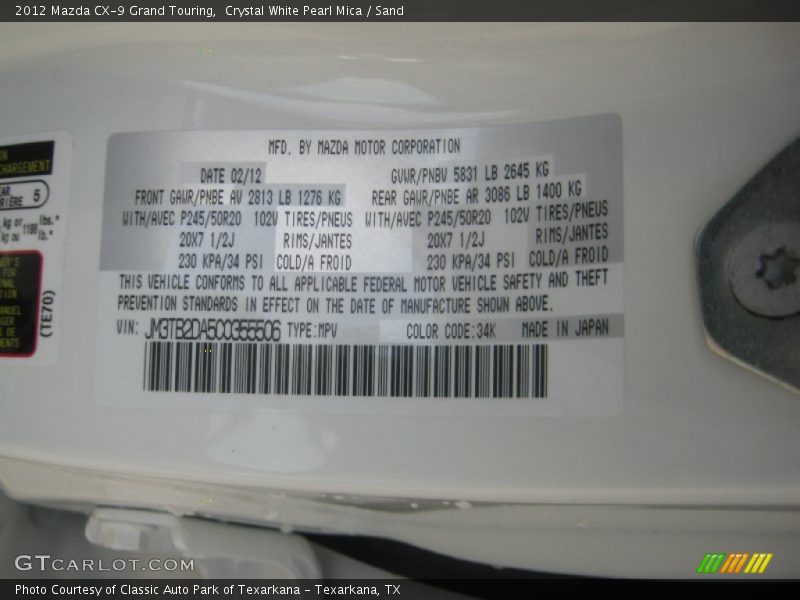 2012 CX-9 Grand Touring Crystal White Pearl Mica Color Code 34K