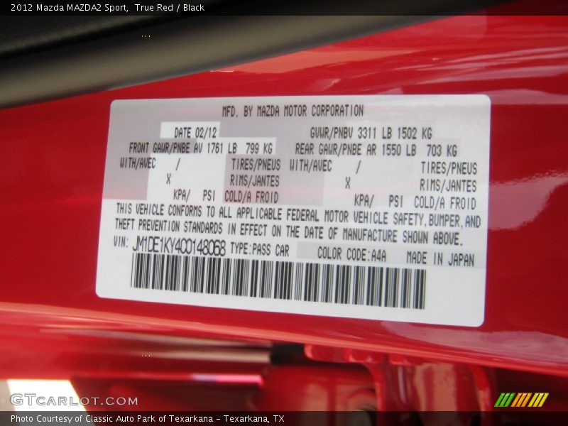 2012 MAZDA2 Sport True Red Color Code A4A