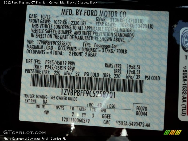 Black / Charcoal Black 2012 Ford Mustang GT Premium Convertible