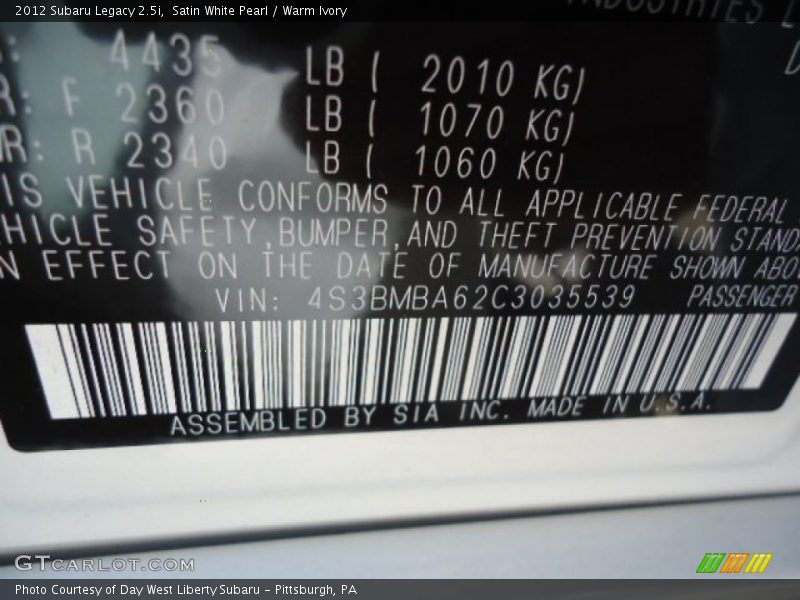 Satin White Pearl / Warm Ivory 2012 Subaru Legacy 2.5i