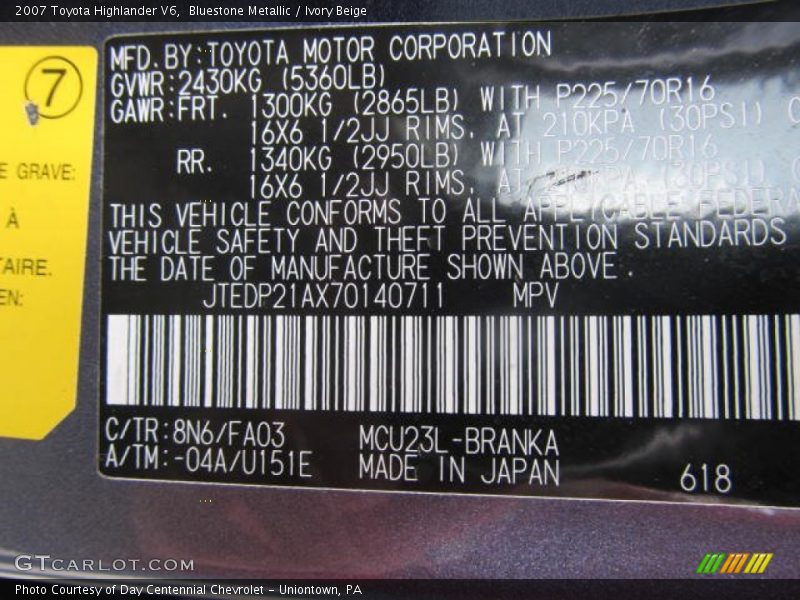 Bluestone Metallic / Ivory Beige 2007 Toyota Highlander V6