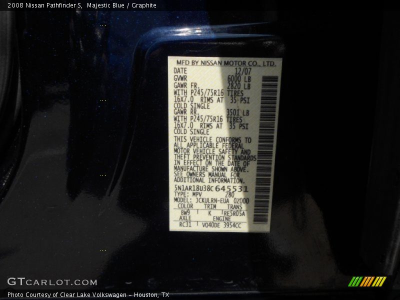 2008 Pathfinder S Majestic Blue Color Code BW9