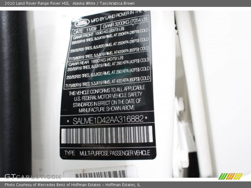 Alaska White / Tan/Arabica Brown 2010 Land Rover Range Rover HSE