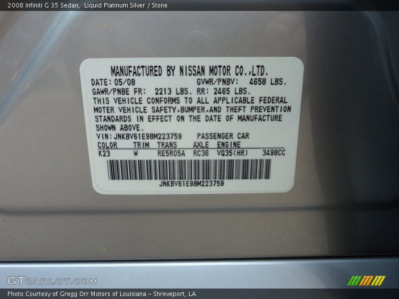 Liquid Platinum Silver / Stone 2008 Infiniti G 35 Sedan
