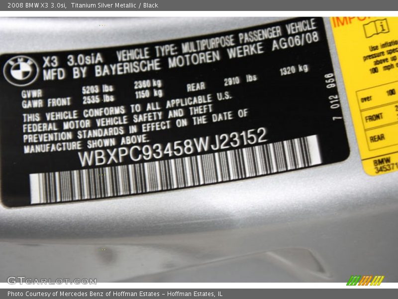 Titanium Silver Metallic / Black 2008 BMW X3 3.0si