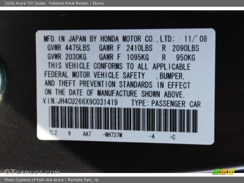 Polished Metal Metallic / Ebony 2009 Acura TSX Sedan