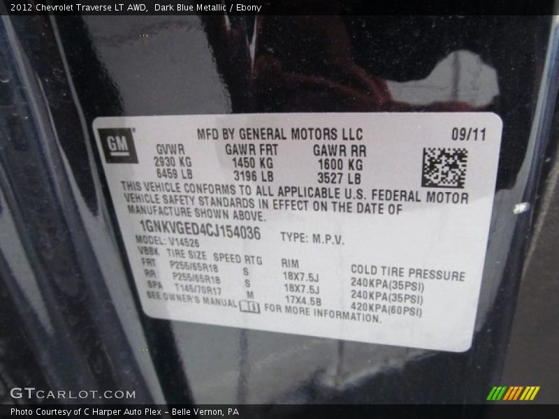 Info Tag of 2012 Traverse LT AWD