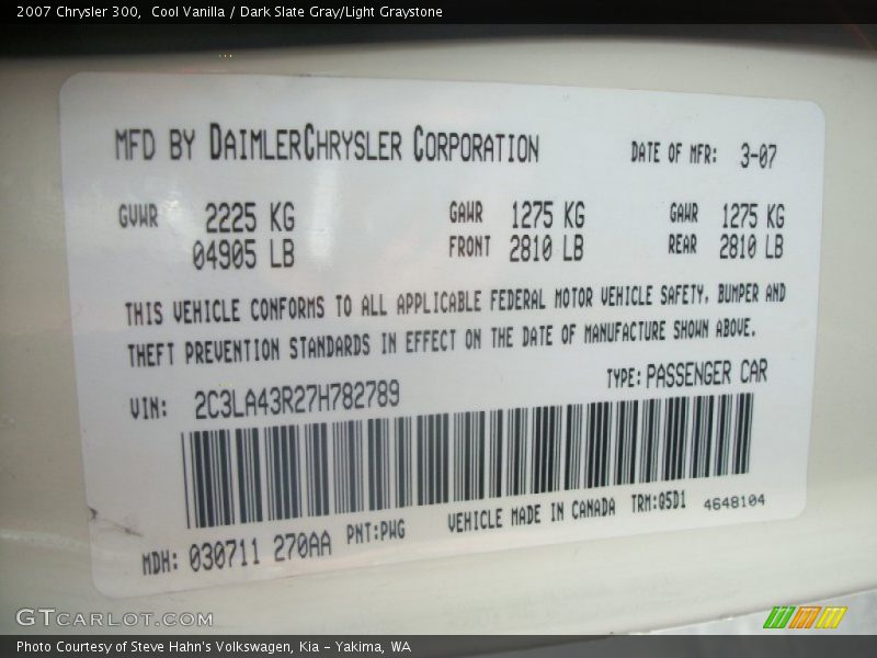 2007 300  Cool Vanilla Color Code PWG