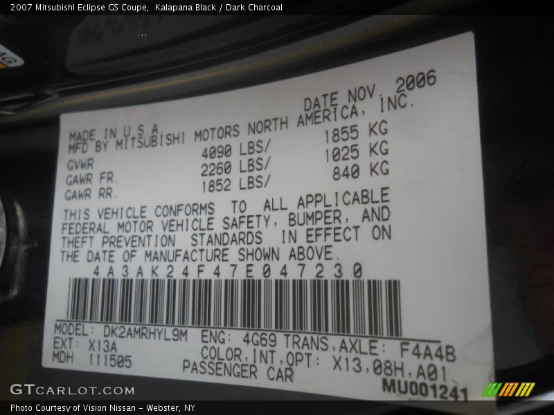 Kalapana Black / Dark Charcoal 2007 Mitsubishi Eclipse GS Coupe