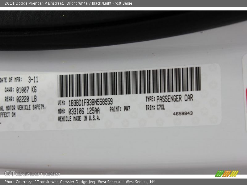 Bright White / Black/Light Frost Beige 2011 Dodge Avenger Mainstreet