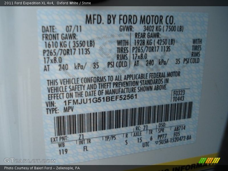 2011 Expedition XL 4x4 Oxford White Color Code Z1