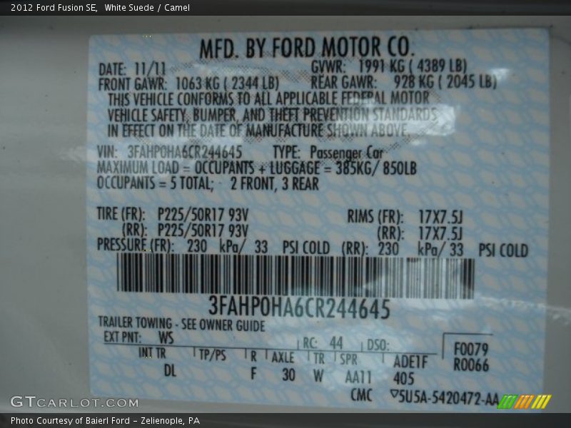 White Suede / Camel 2012 Ford Fusion SE