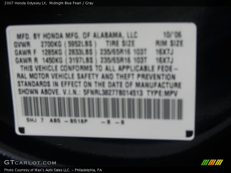Midnight Blue Pearl / Gray 2007 Honda Odyssey LX