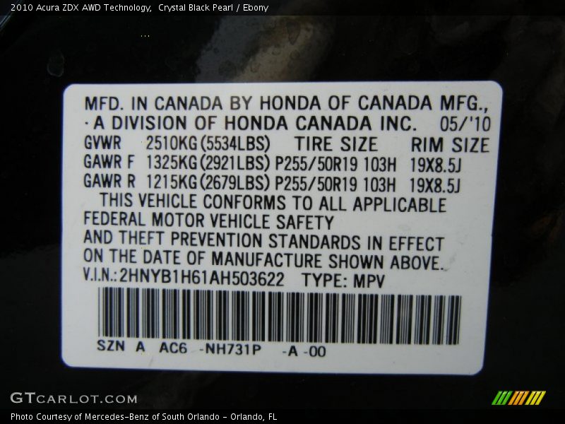 2010 ZDX AWD Technology Crystal Black Pearl Color Code NH731P