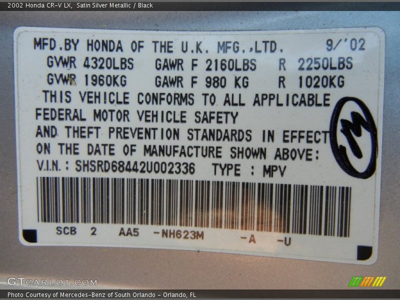 2002 CR-V LX Satin Silver Metallic Color Code NH623M