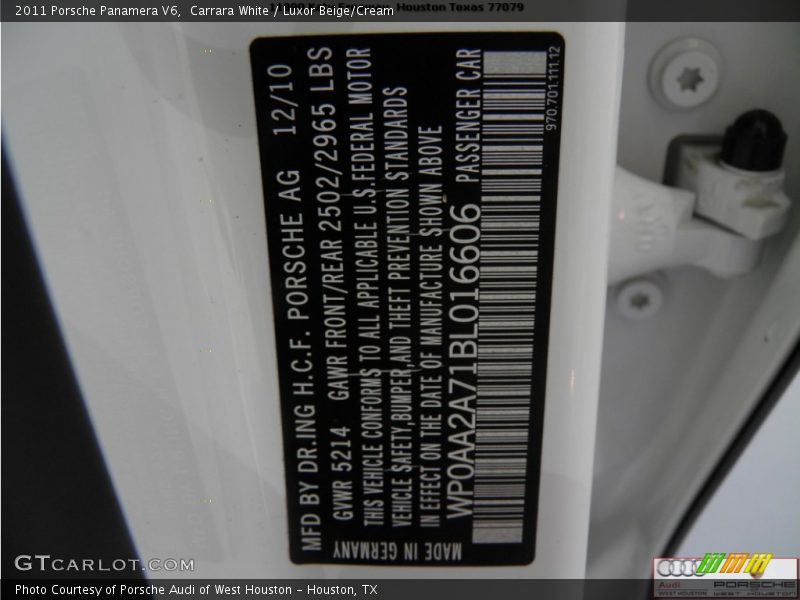 Carrara White / Luxor Beige/Cream 2011 Porsche Panamera V6