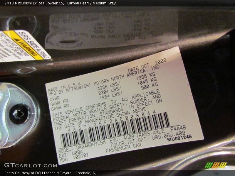 2010 Eclipse Spyder GS Carbon Pearl Color Code U09