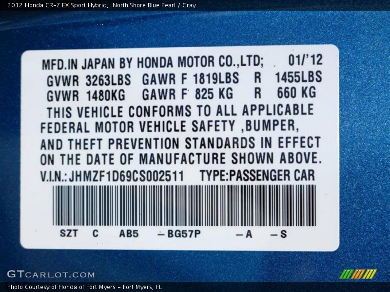 2012 CR-Z EX Sport Hybrid North Shore Blue Pearl Color Code BG57P